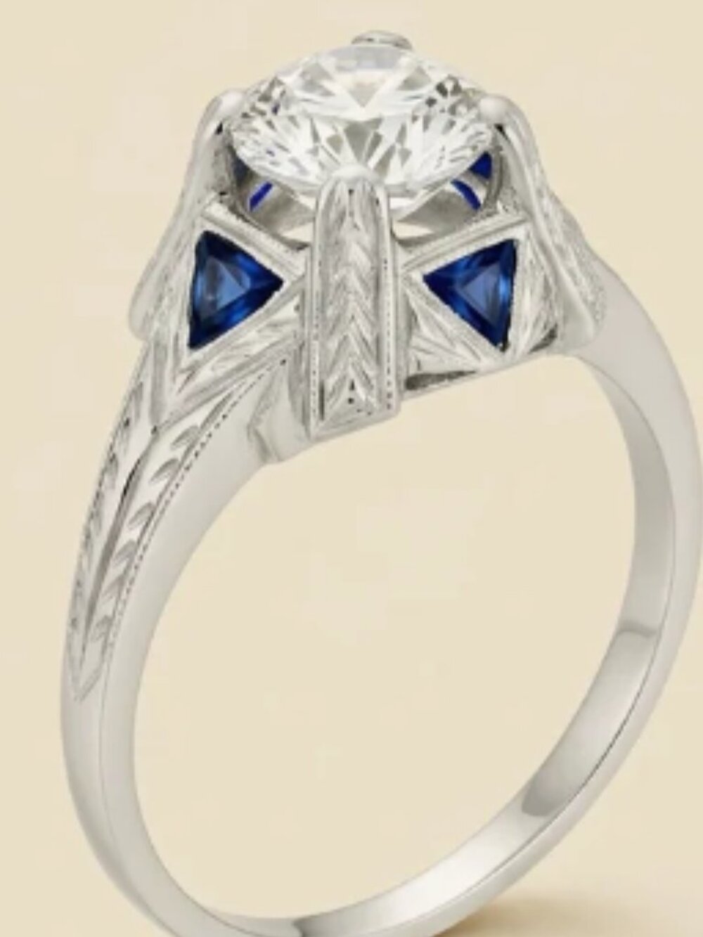 18K ART DECO Sapphire Diamond Bridal Wedding Heirloom Engagement Ring